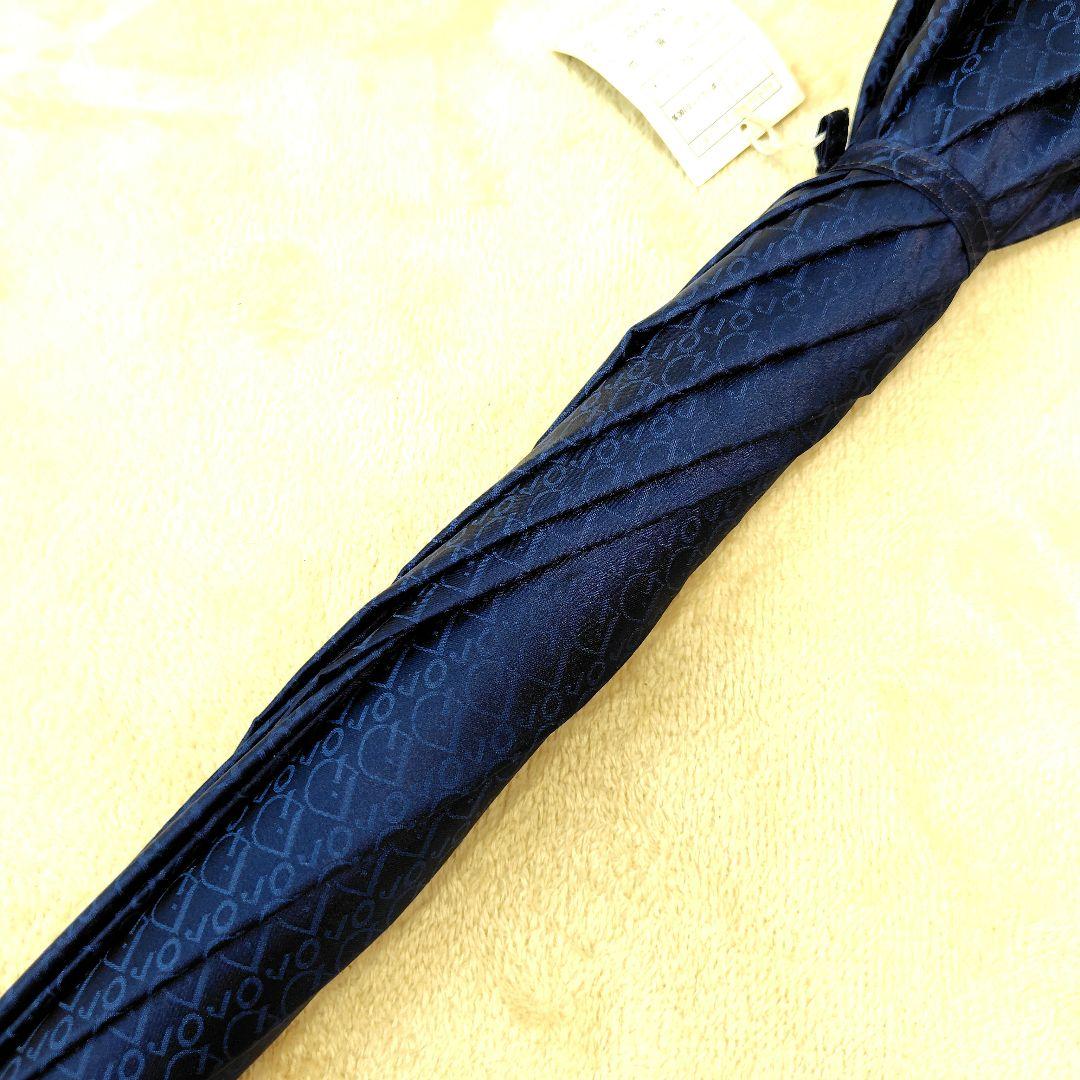 未使用級 希少 クリスチャンディオール 長傘 木製 高級傘 ロゴ 総柄 ネイビー