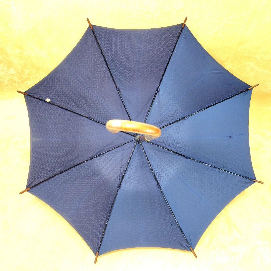 未使用級 希少 クリスチャンディオール 長傘 木製 高級傘 ロゴ 総柄 ネイビー