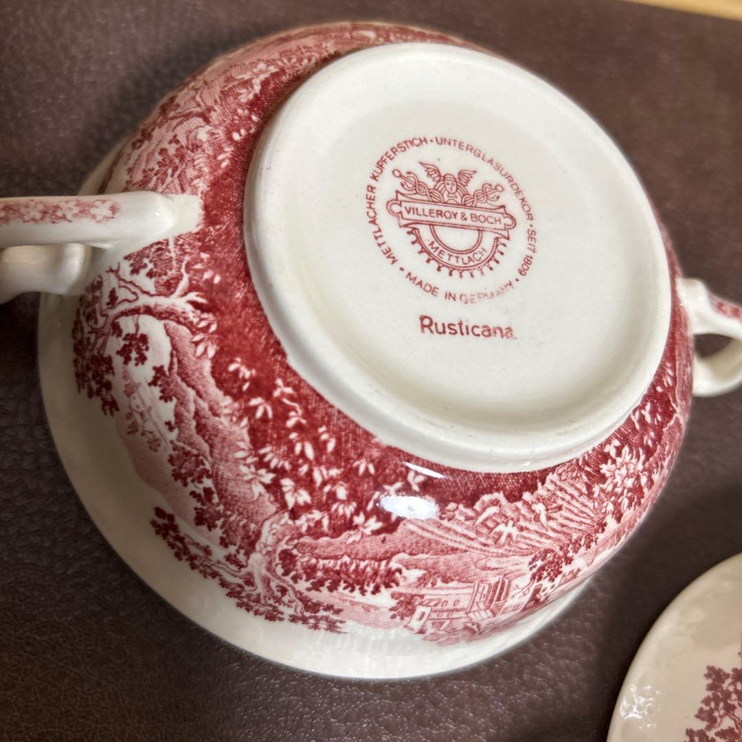 3セット　ビレロイ&ボッホ　スープカップ　ソーサー付　花　赤　Rusticana