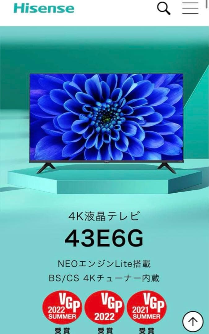 21年製 43インチ 43E65G ハイセンス Hisense 4kテレビ