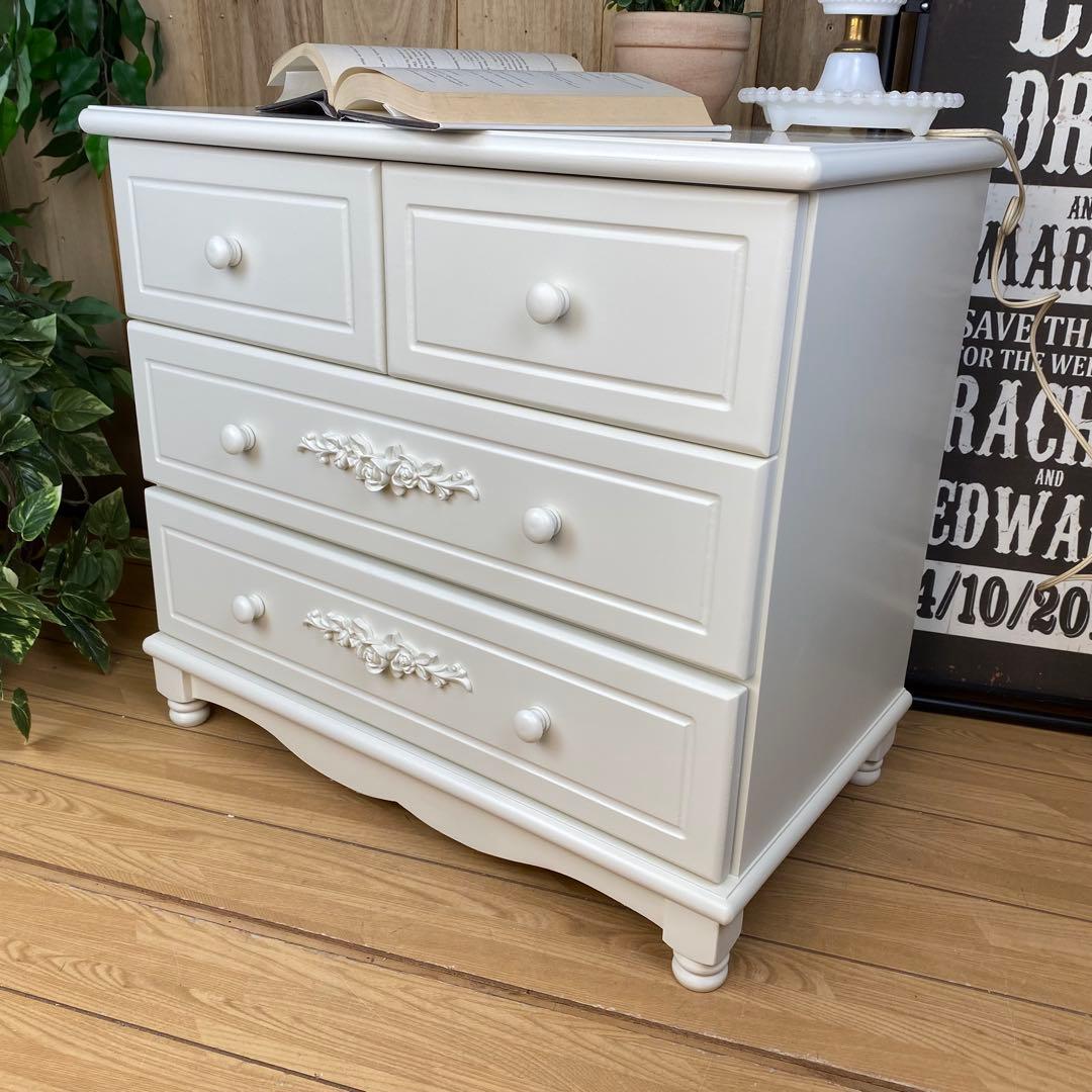 訳あり品！【98】フレンチ調ホワイトチェスト三段四つ引き木製収納家具姫系タンス