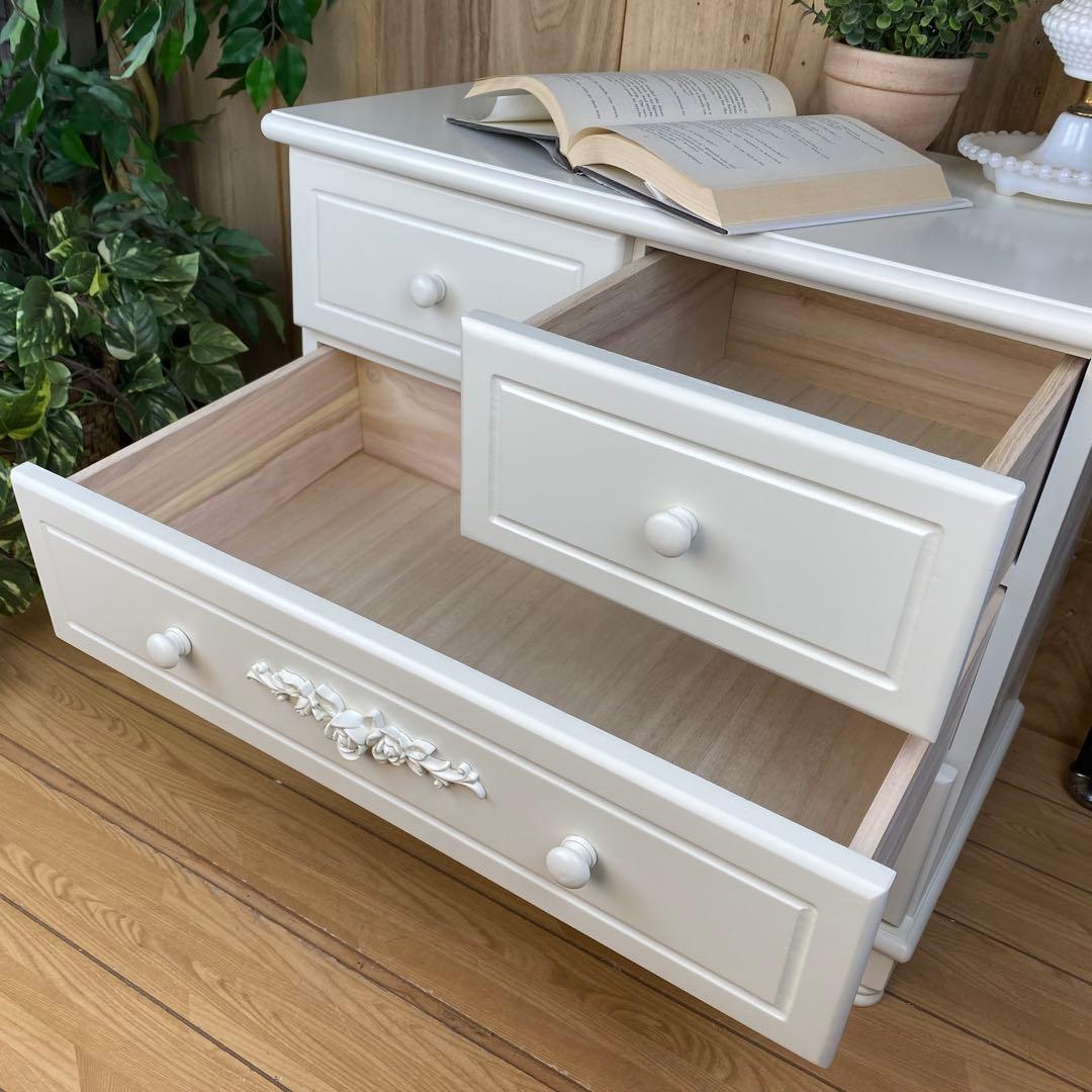 訳あり品！【98】フレンチ調ホワイトチェスト三段四つ引き木製収納家具姫系タンス