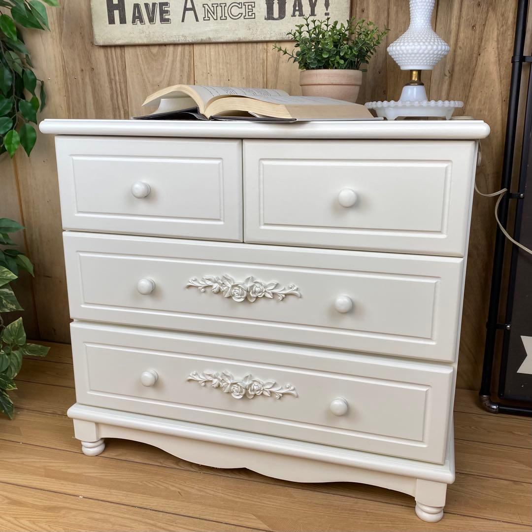 訳あり品！【98】フレンチ調ホワイトチェスト三段四つ引き木製収納家具姫系タンス