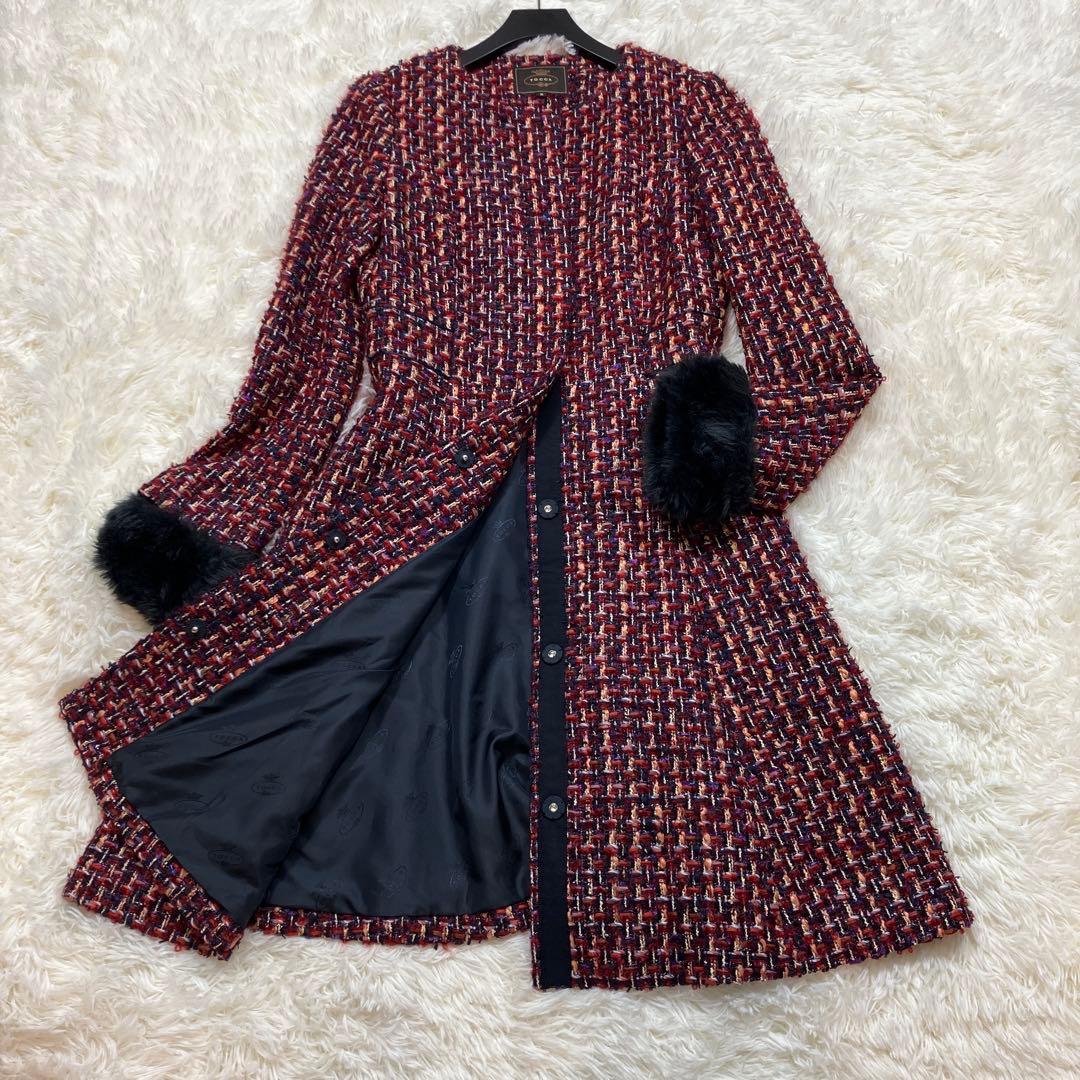 極美品 希少 トッカ ツイードコート Aライン モヘヤ 混 レッド Mサイズ相当