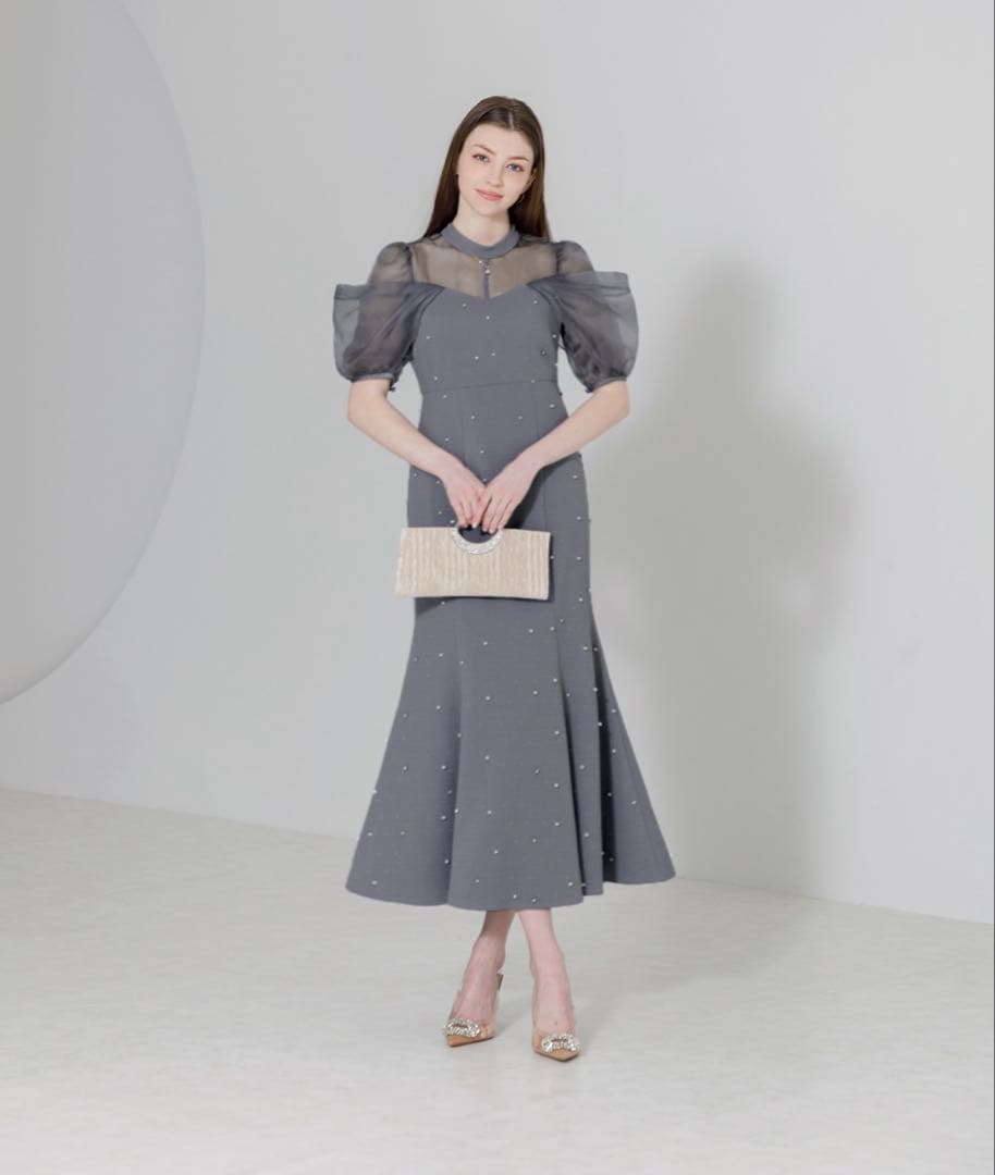 Leja パールビジューレースパフスリーブマーメイドフレアロングワンピースドレス