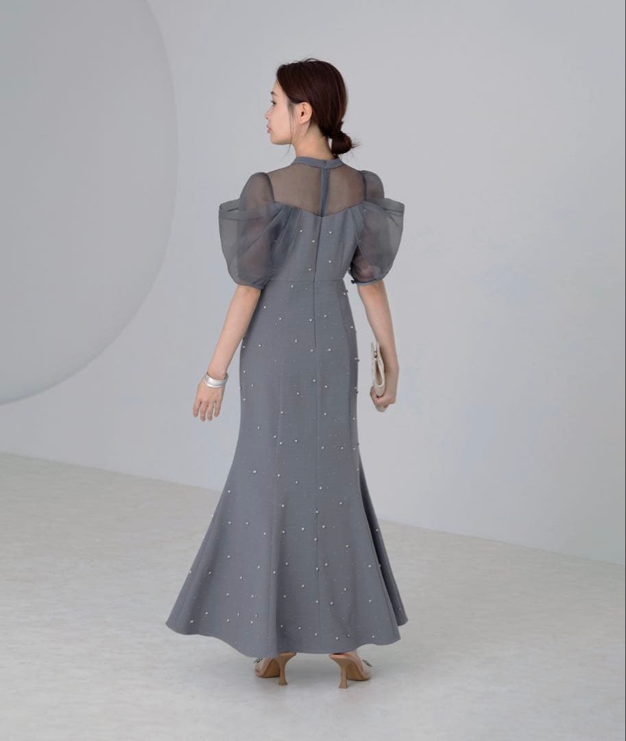 Leja パールビジューレースパフスリーブマーメイドフレアロングワンピースドレス