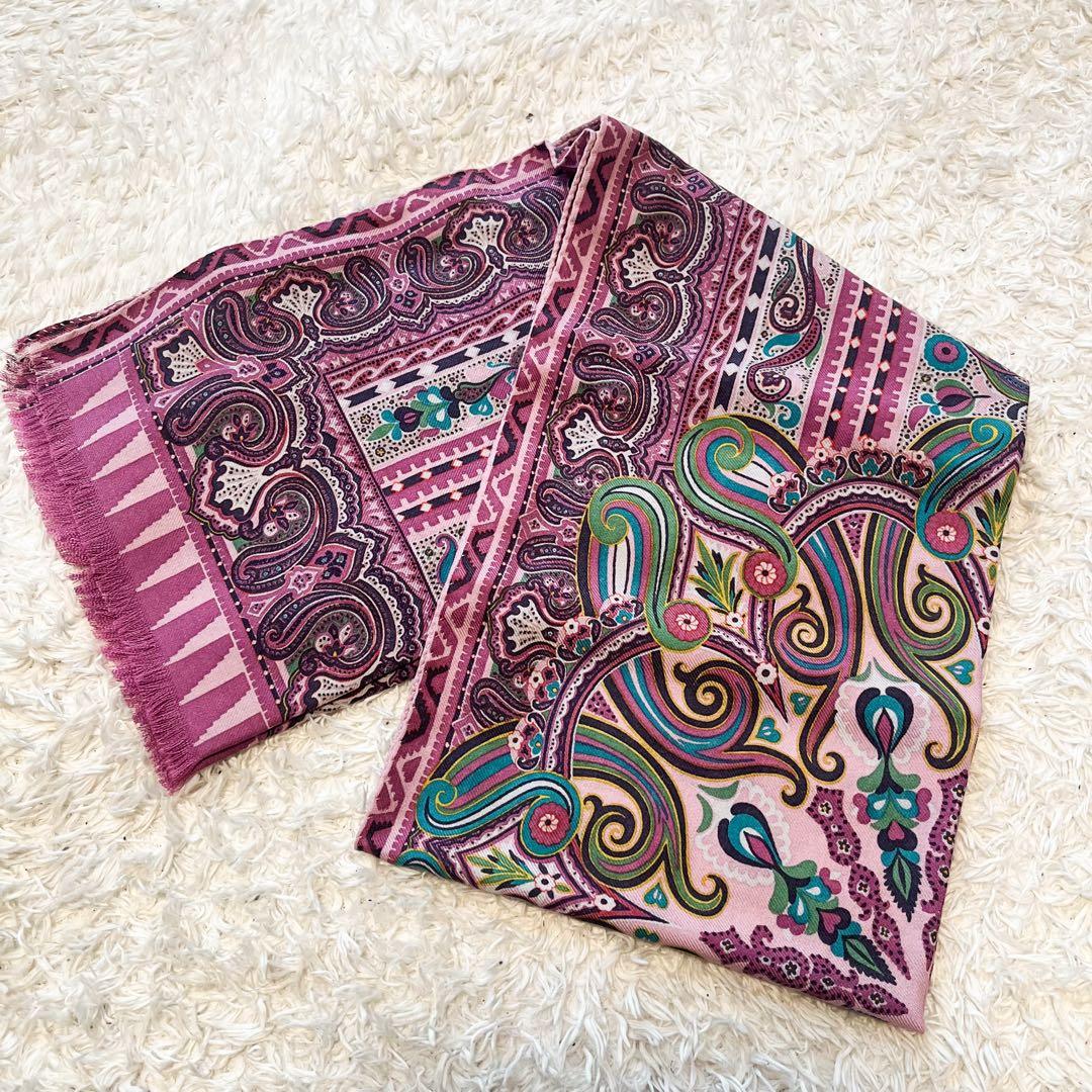 エトロ　シルク　ウール　 ストール　ペイズリー　くすみピンク