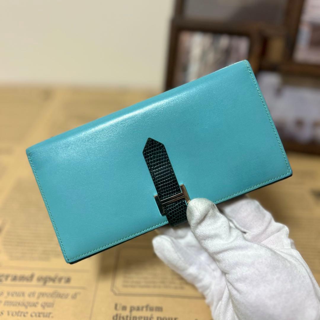 エルメス ベアン スフレ リザード タデラクト 長財布 ブルーアトゥール