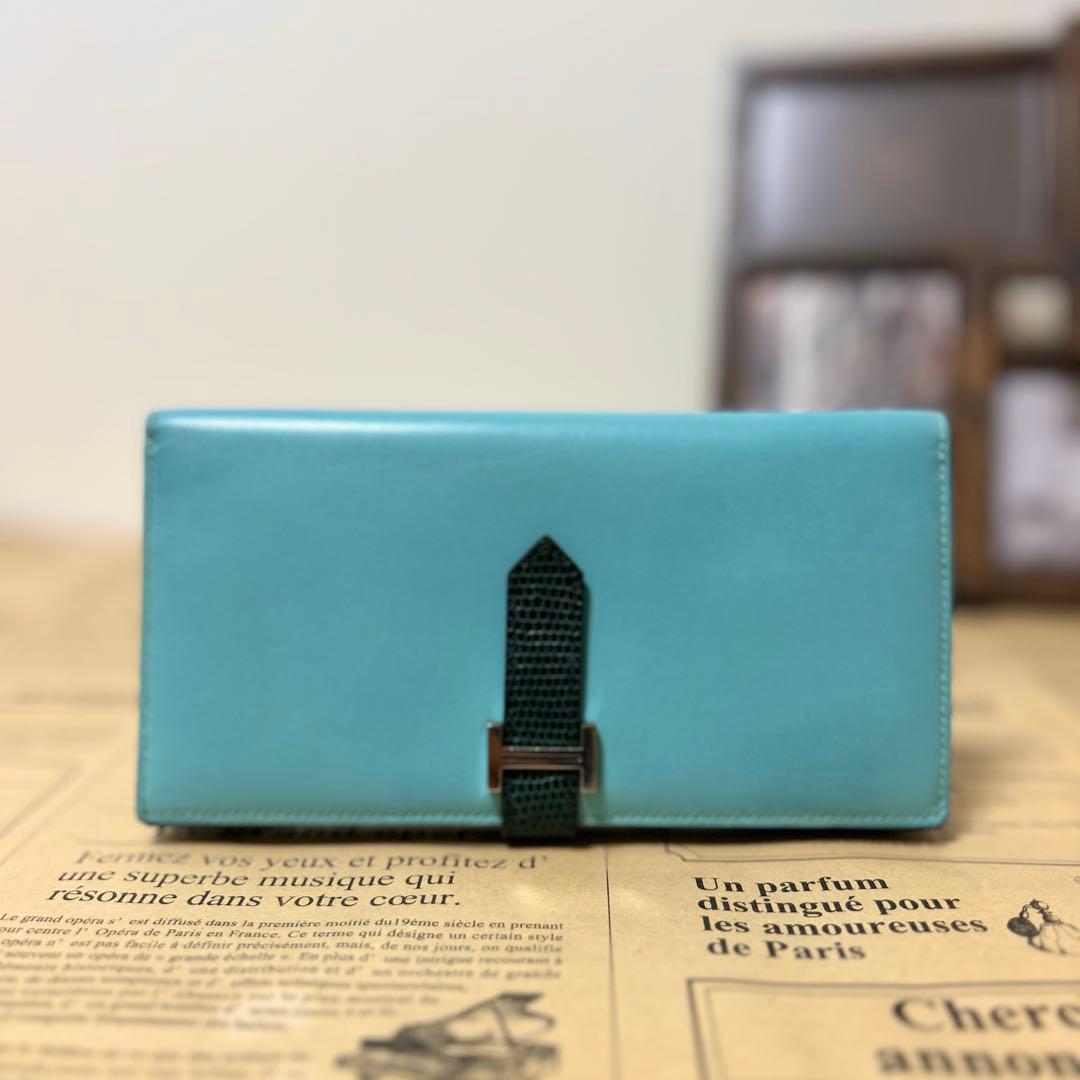 エルメス ベアン スフレ リザード タデラクト 長財布 ブルーアトゥール