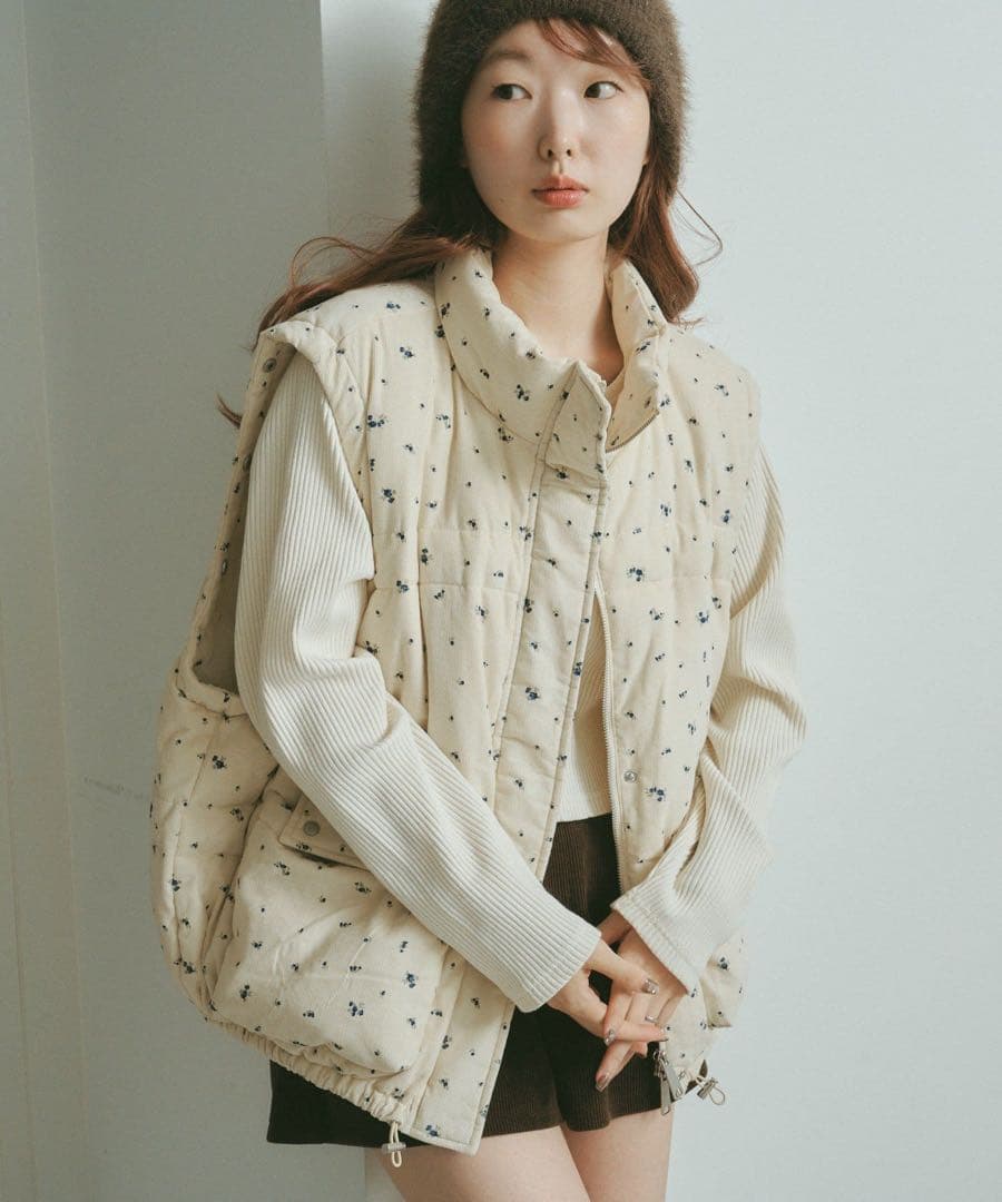 カスタネ　【袖取り外し可/無地&花柄】コーデュロイ中綿ミドルジャケット