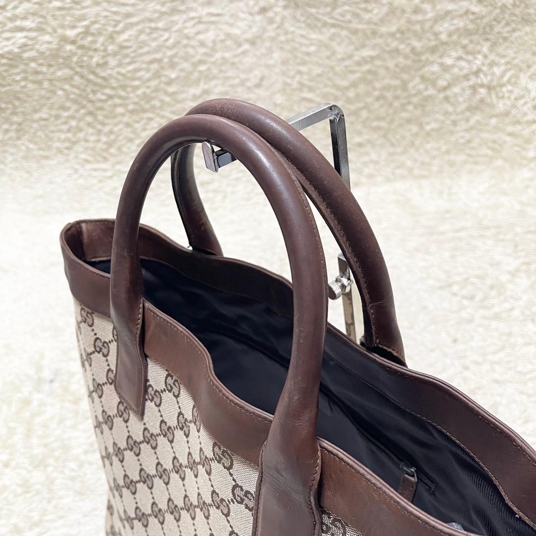 【大容量】GUCCI トートバッグ　キャンバス　レザー　GG柄　A4可　茶系