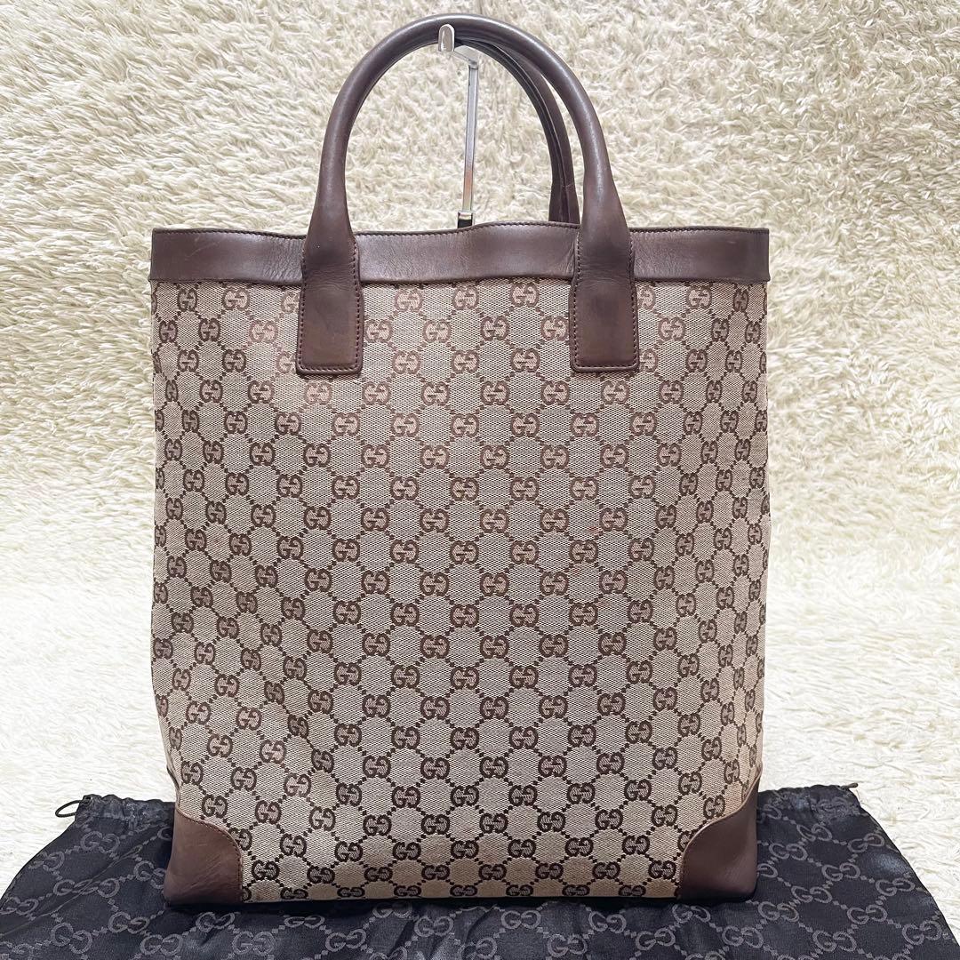 【大容量】GUCCI トートバッグ　キャンバス　レザー　GG柄　A4可　茶系