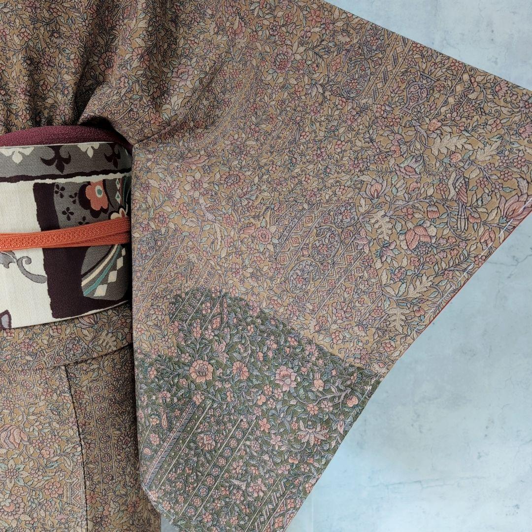 小紋付け下げ　フルセット　着物　正絹　ブラウン　深緑　更紗　花　しつけ糸　F6