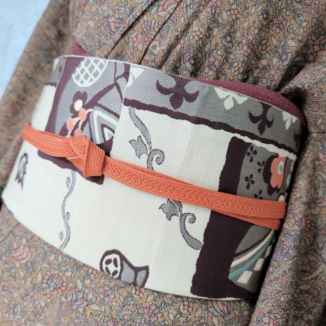 小紋付け下げ　フルセット　着物　正絹　ブラウン　深緑　更紗　花　しつけ糸　F6