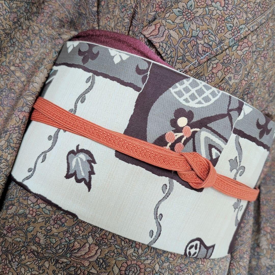 小紋付け下げ　フルセット　着物　正絹　ブラウン　深緑　更紗　花　しつけ糸　F6