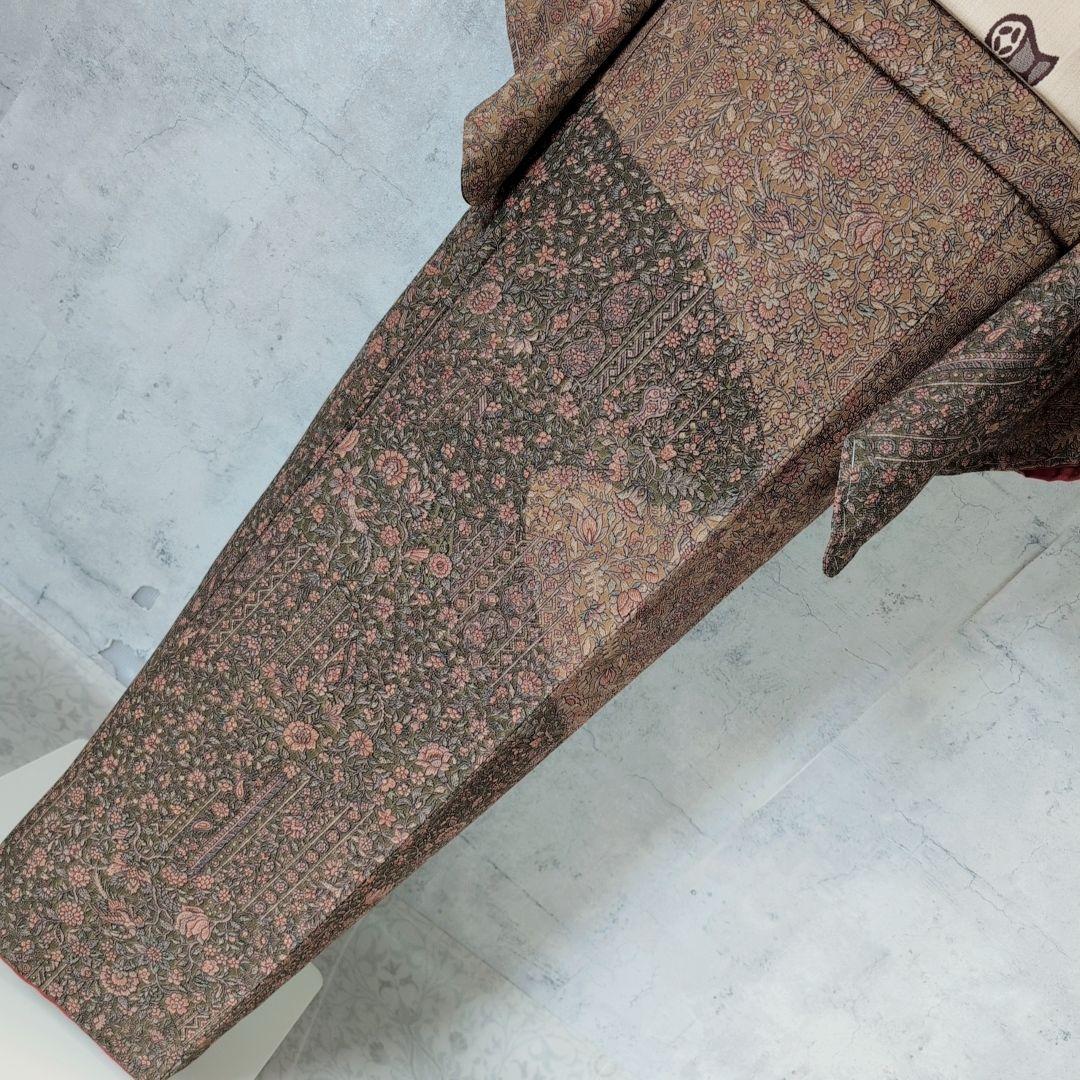 小紋付け下げ　フルセット　着物　正絹　ブラウン　深緑　更紗　花　しつけ糸　F6