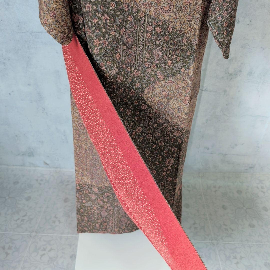 小紋付け下げ　フルセット　着物　正絹　ブラウン　深緑　更紗　花　しつけ糸　F6