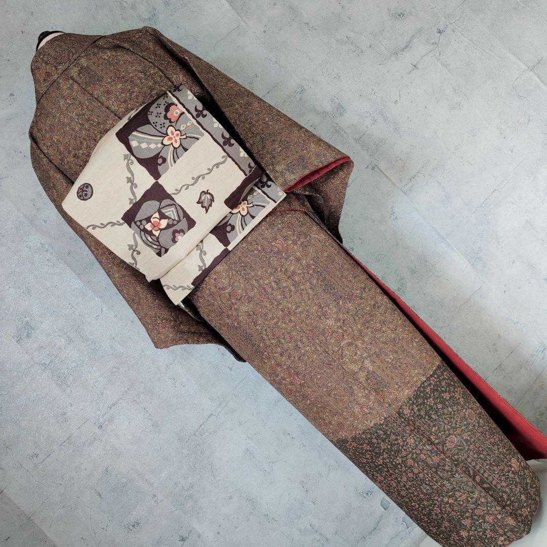 小紋付け下げ　フルセット　着物　正絹　ブラウン　深緑　更紗　花　しつけ糸　F6