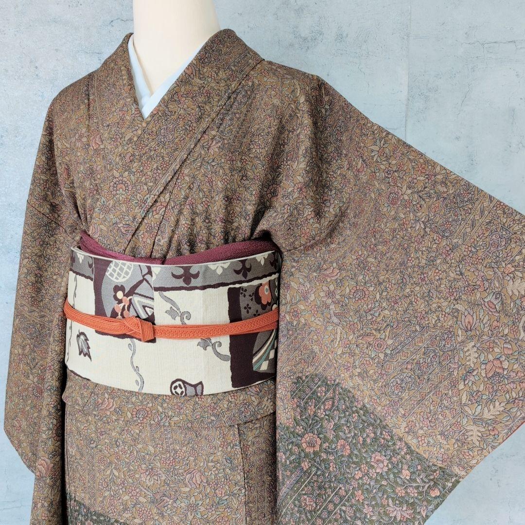 小紋付け下げ　フルセット　着物　正絹　ブラウン　深緑　更紗　花　しつけ糸　F6