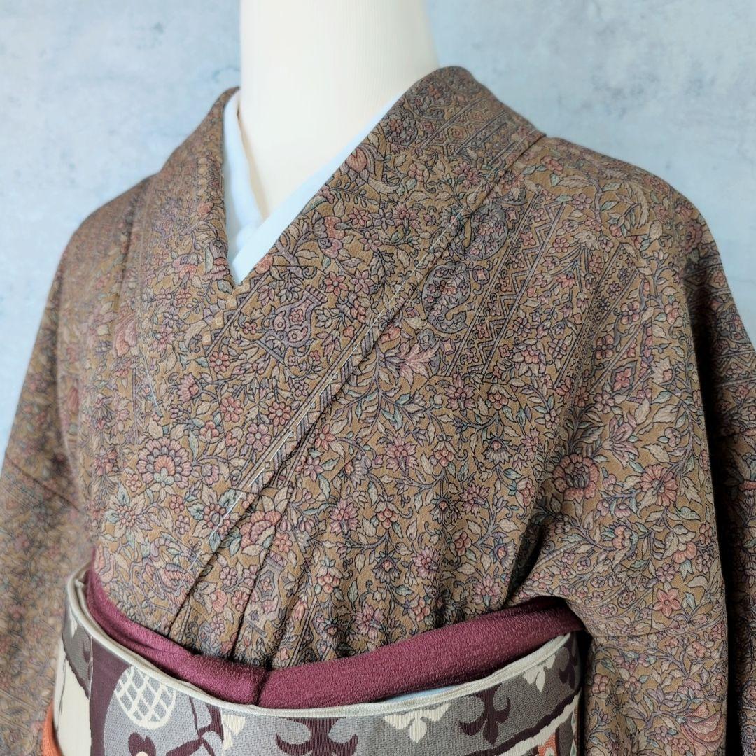 小紋付け下げ　フルセット　着物　正絹　ブラウン　深緑　更紗　花　しつけ糸　F6