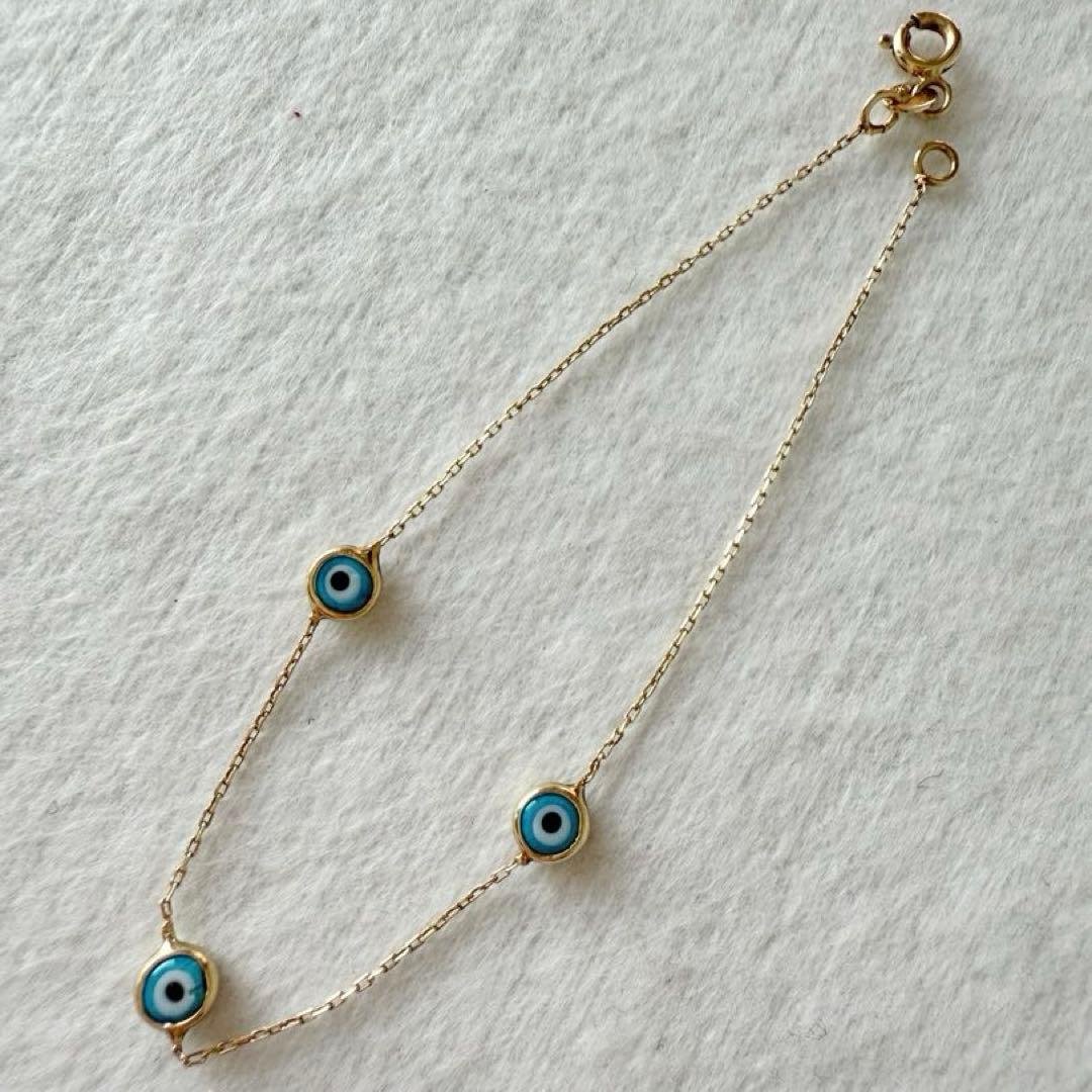 トルコ製 14Kゴールド ブルーアイ ブレスレット 極細チェーン