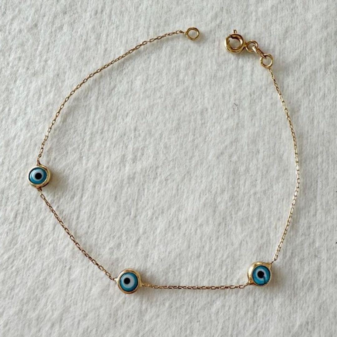 トルコ製 14Kゴールド ブルーアイ ブレスレット 極細チェーン