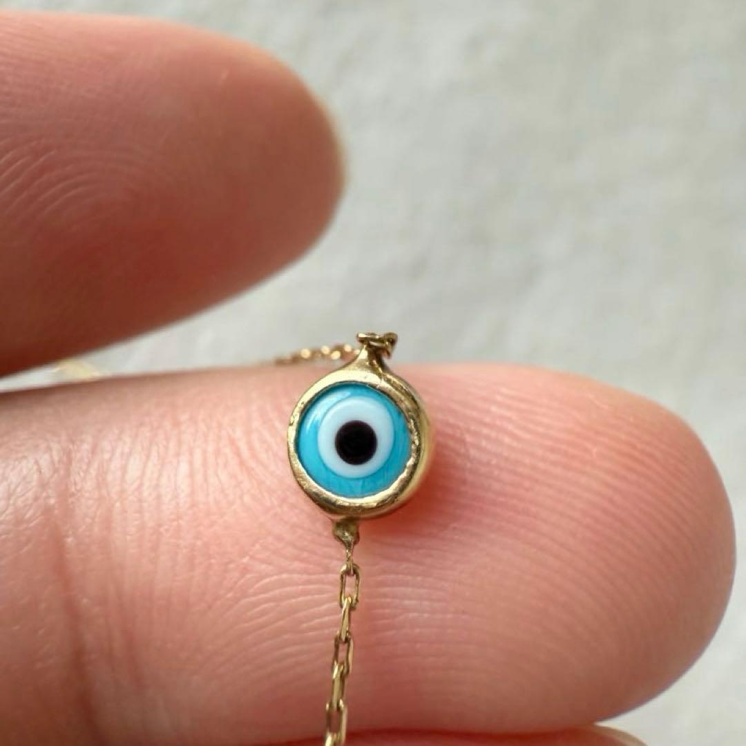 トルコ製 14Kゴールド ブルーアイ ブレスレット 極細チェーン