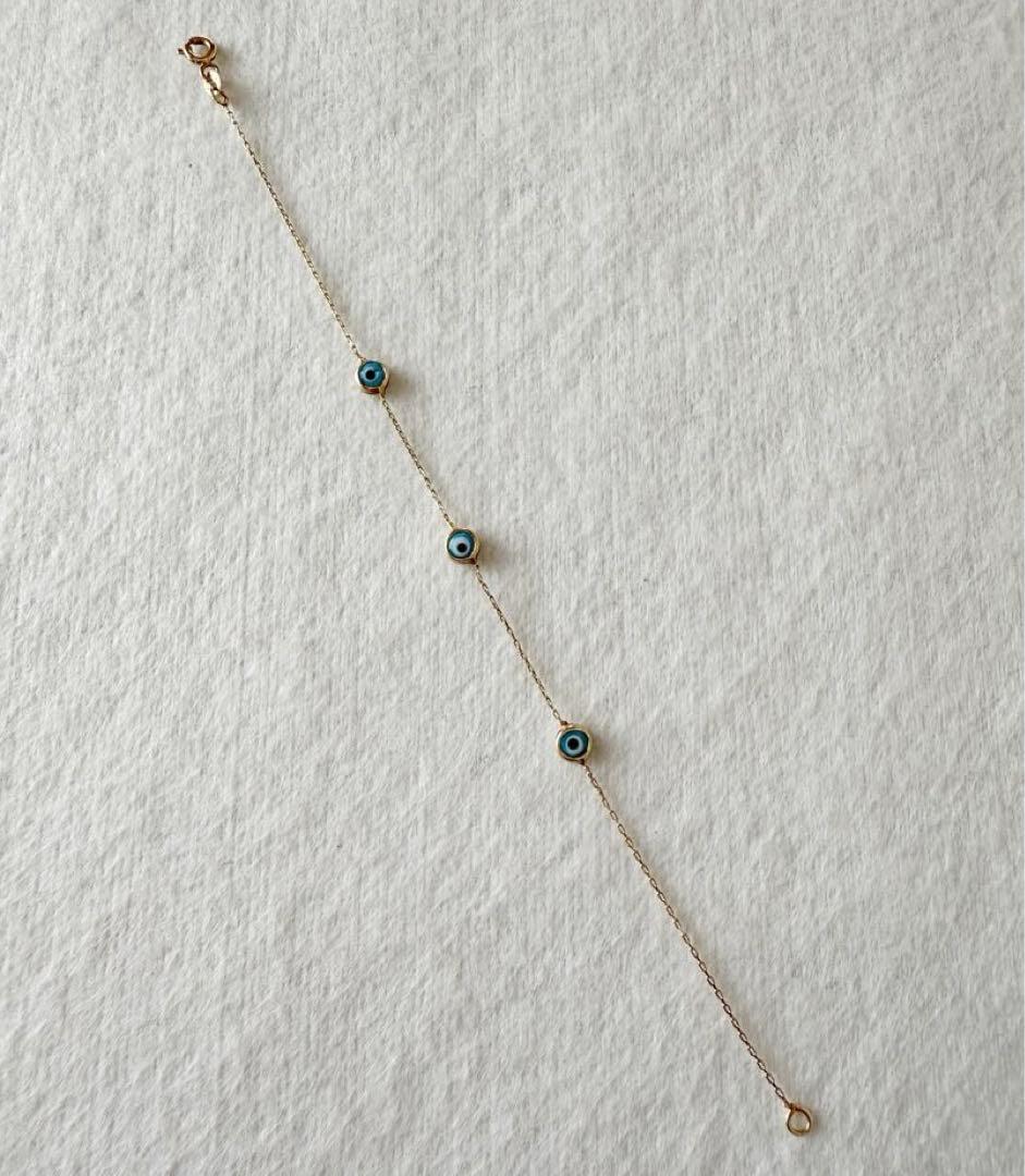 トルコ製 14Kゴールド ブルーアイ ブレスレット 極細チェーン