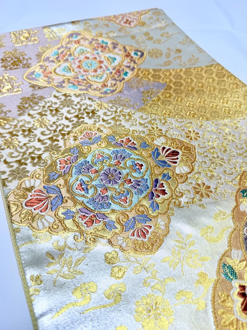 高級 袋帯 正絹 六通柄 西陣織 花文様 ゴールド 唐織 訪問着 色無地 留袖