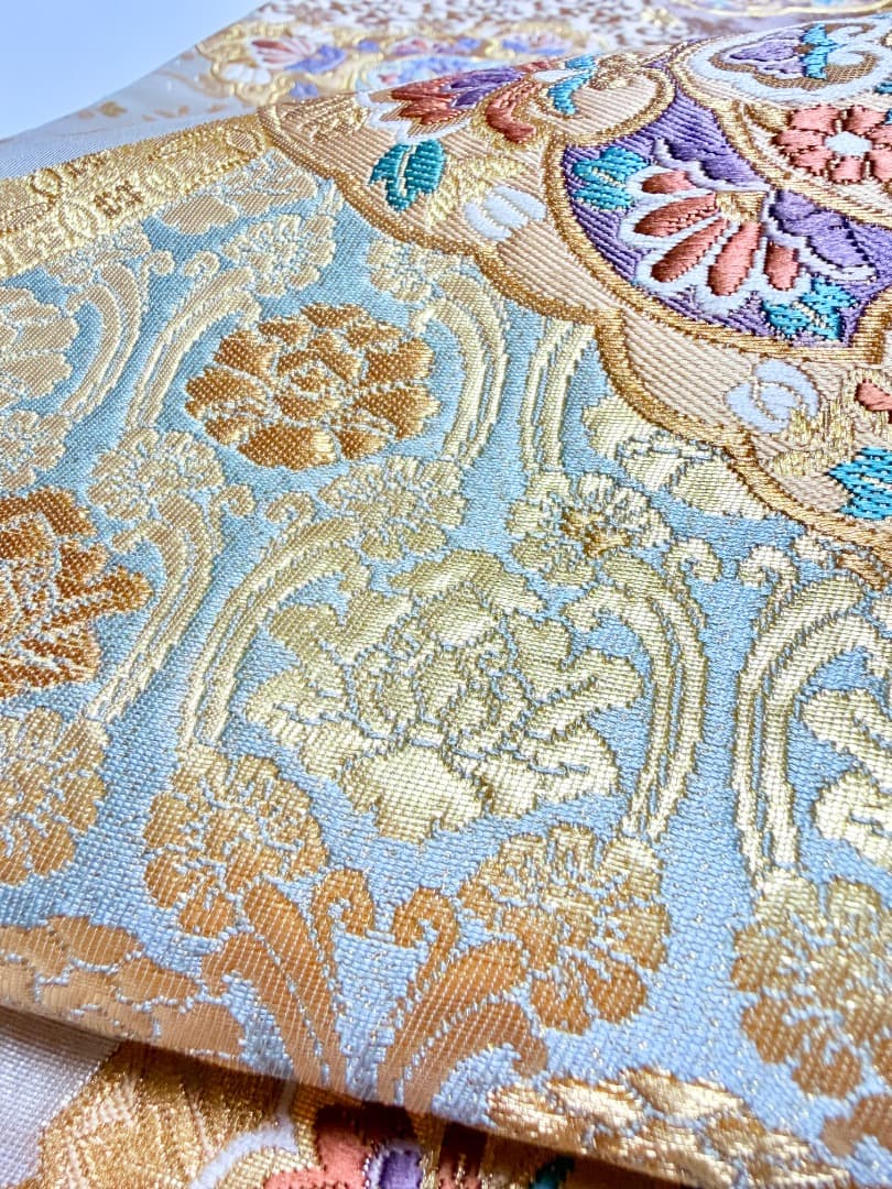 高級 袋帯 正絹 六通柄 西陣織 花文様 ゴールド 唐織 訪問着 色無地 留袖