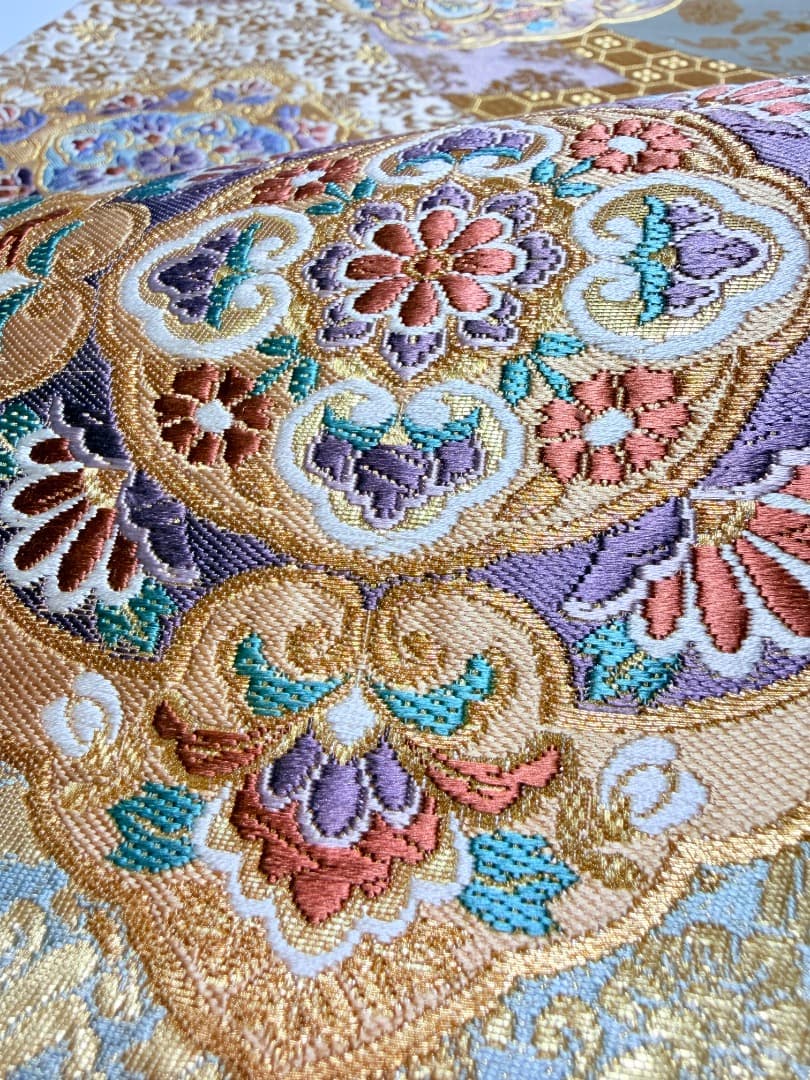 高級 袋帯 正絹 六通柄 西陣織 花文様 ゴールド 唐織 訪問着 色無地 留袖