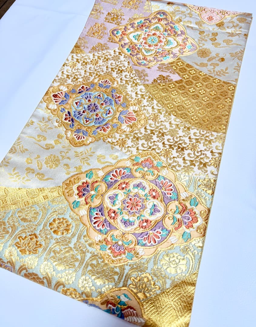 高級 袋帯 正絹 六通柄 西陣織 花文様 ゴールド 唐織 訪問着 色無地 留袖
