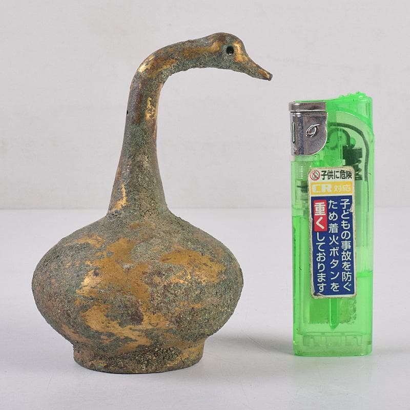 したん　中国　古銅鍍金　鶴形水滴　時代箱付　F　R8857