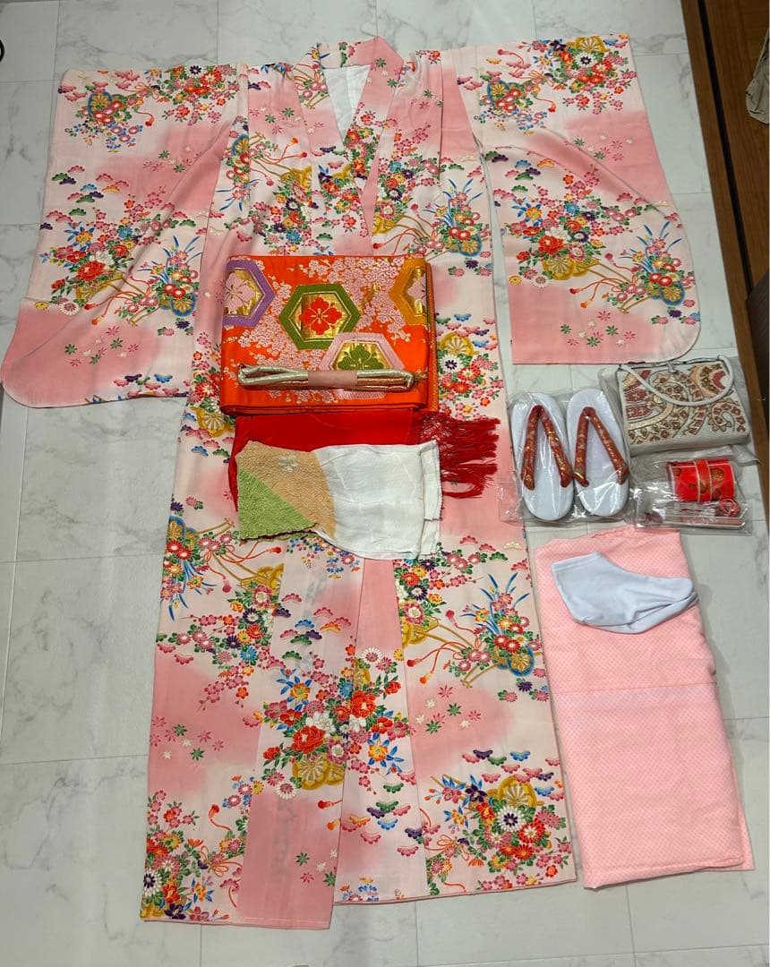 七五三 着物セット ピンク花柄 7歳用 10点フルセット