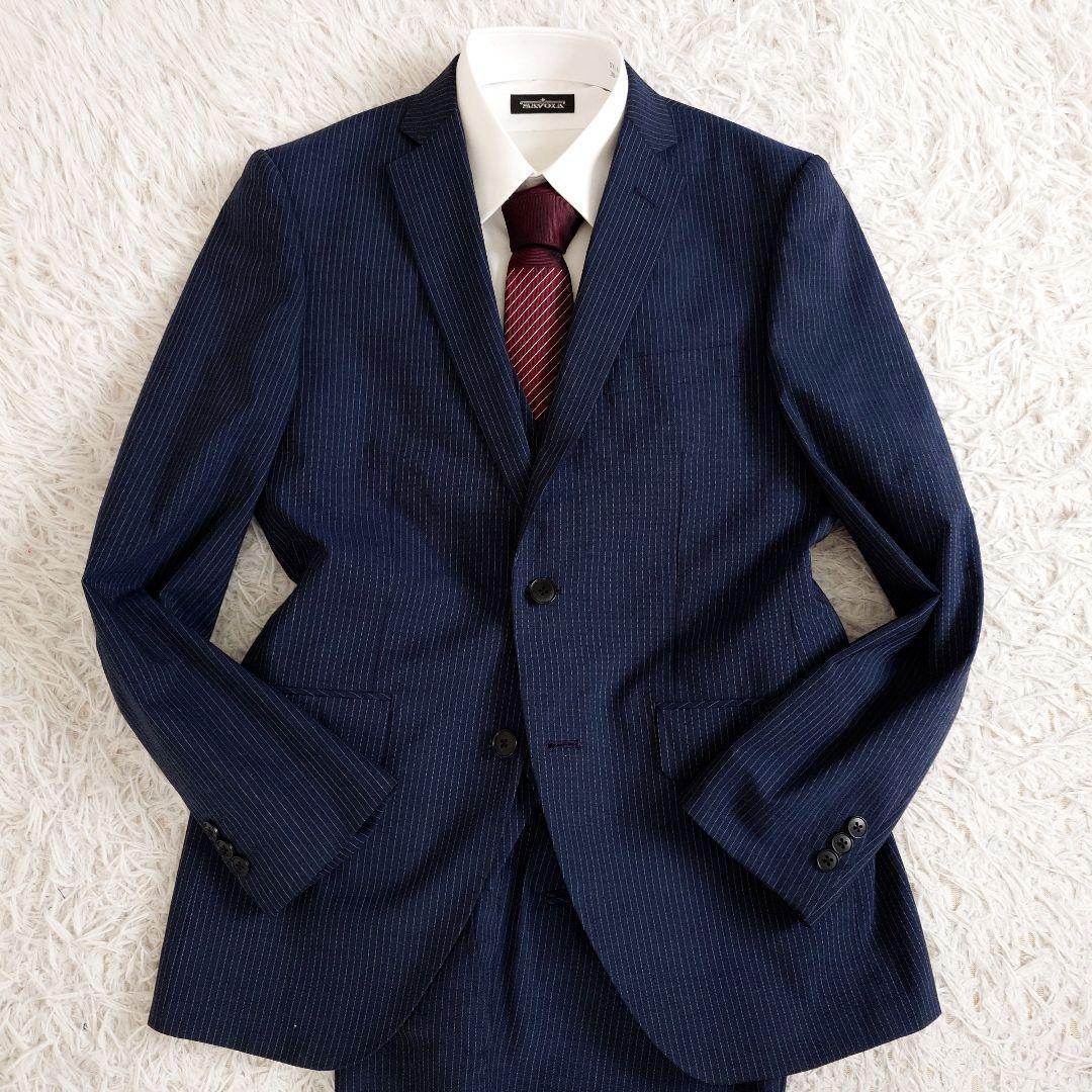 ジャーナルワークス　スリーピーススーツ　ネイビー　ストライプ　Y5　細身　M相当