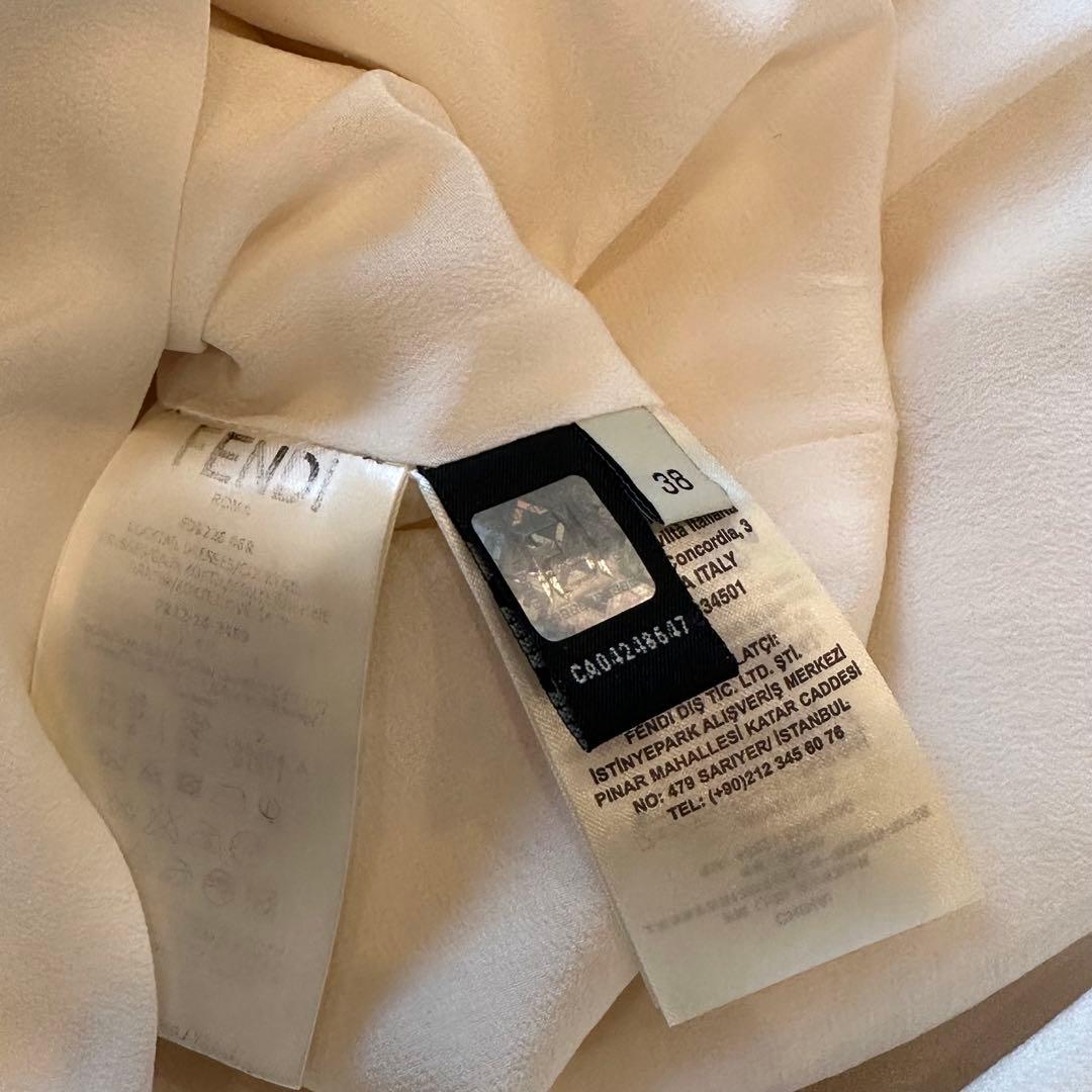 【良品】 FENDI ノーカラー半袖ワンピース チェーン ベージュ シルク混