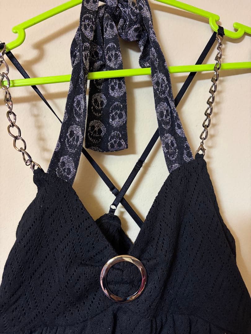 新品タグ付 d.i.a. 超希少スカルレース×ラメアシメ×ホルターチュニック 黒