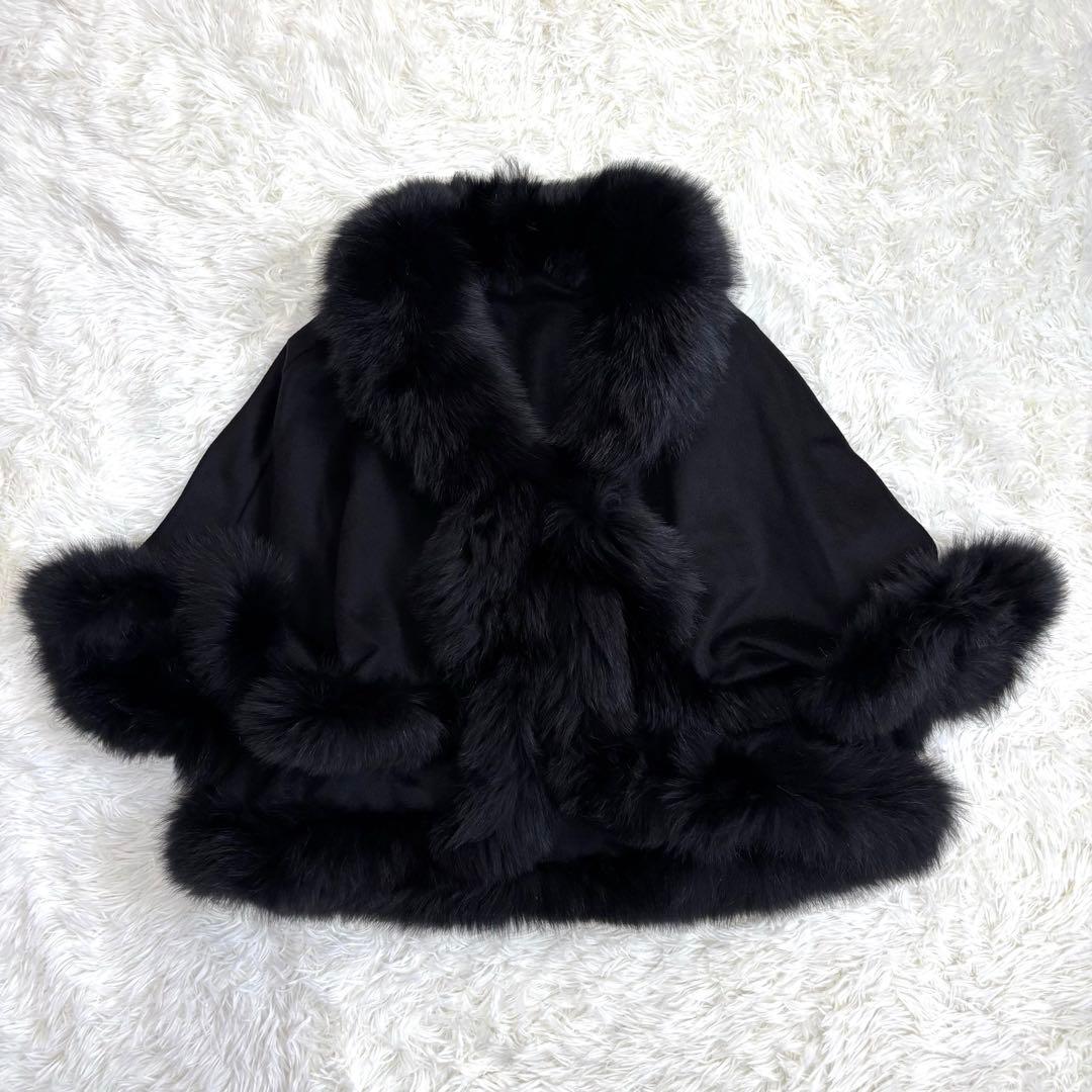 ポンチョ カシミヤ100% フォックスファー ブラック L〜LL