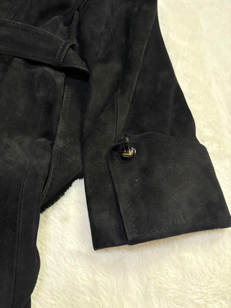 【極美品/11号】高級リアルフォックスファー×本革スエード ロングコート 黒