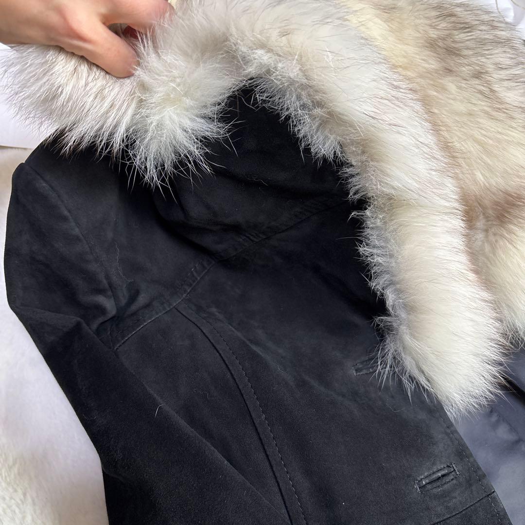 【極美品/11号】高級リアルフォックスファー×本革スエード ロングコート 黒