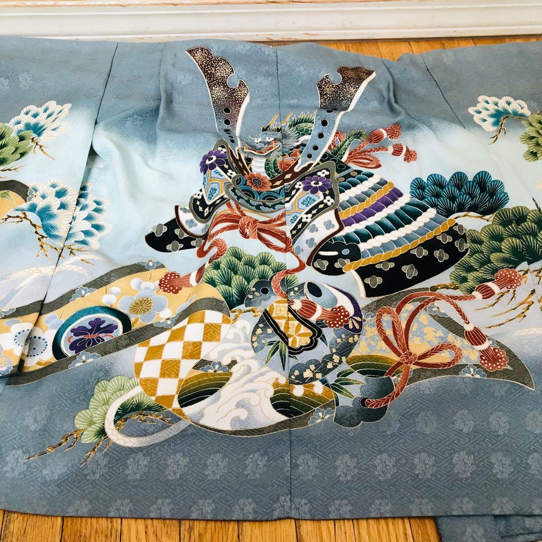 七五三５歳完全フルセット‼️人気水色系兜鷹金彩煌びやか⭐︎袴金蘭刺繍煌びやか際立つ