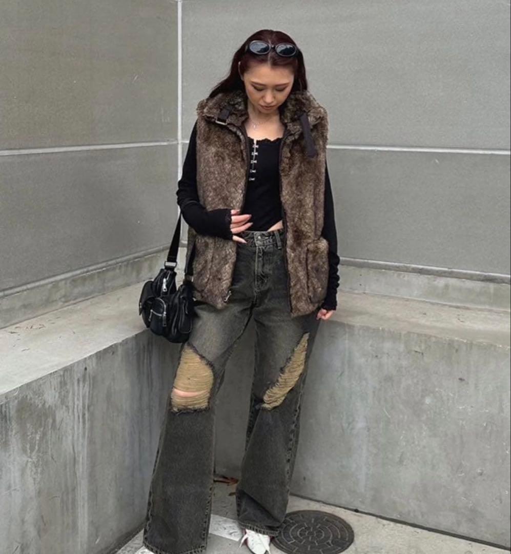 ジャケット・アウター ACLENT 2way stand collar fur vest BLACK