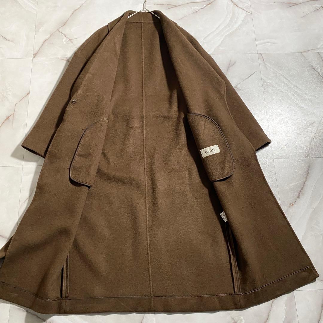 T18526 美品 ROPE ウールリバーコート ブラウン 38 ロング丈
