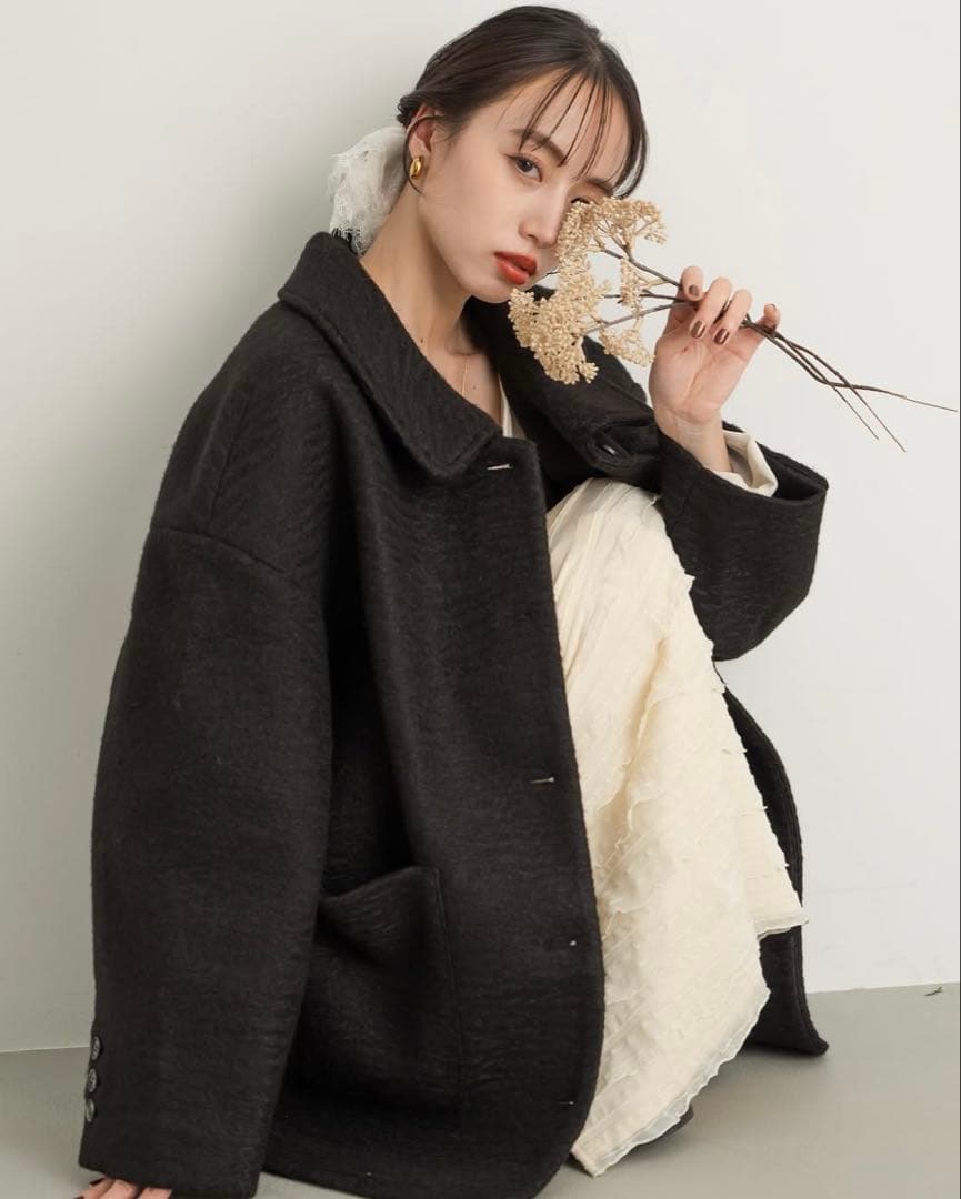 hinari ステンカラーシャギーミドルコート　ブラック