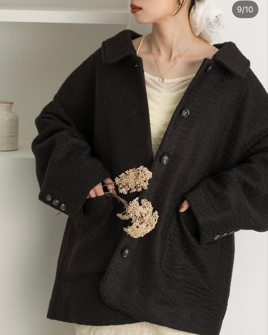 hinari ステンカラーシャギーミドルコート　ブラック