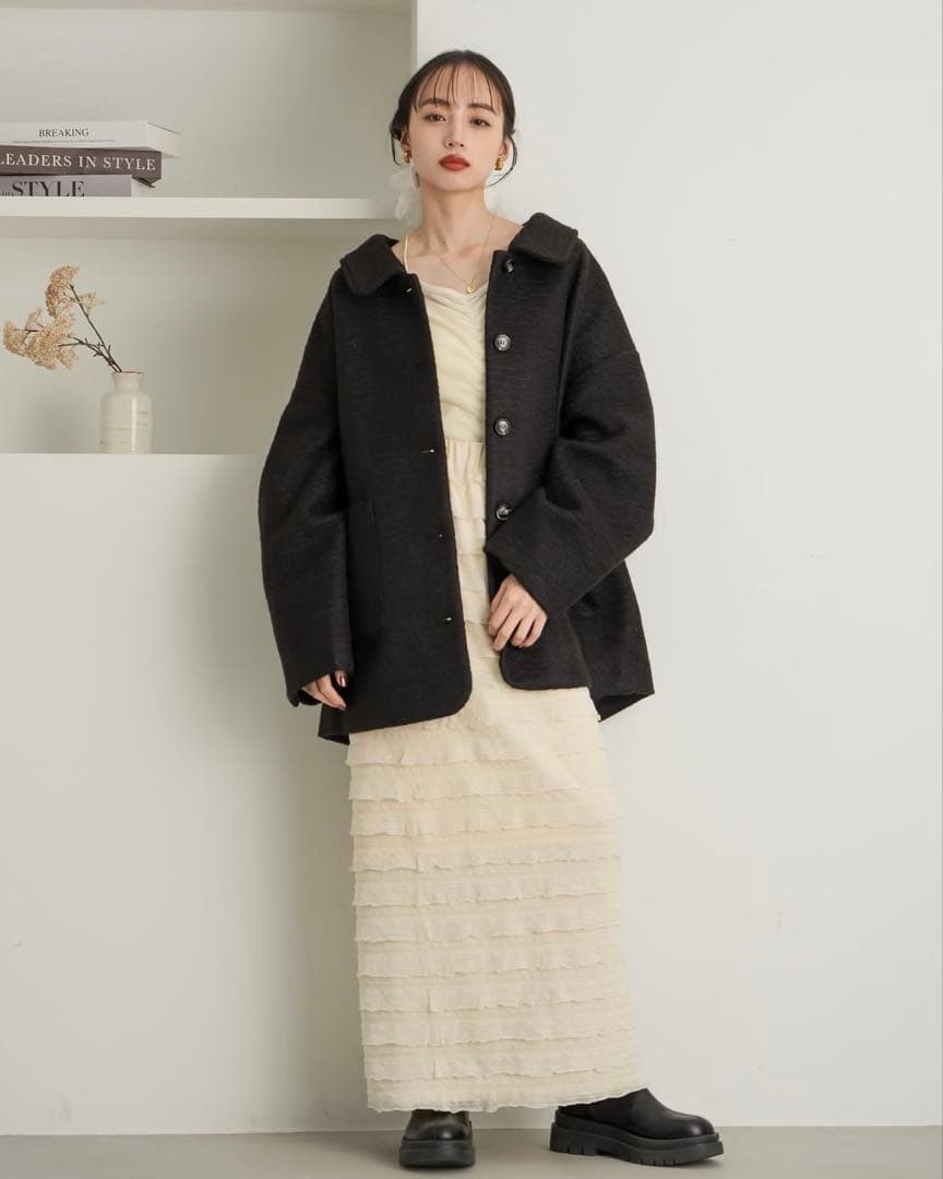 hinari ステンカラーシャギーミドルコート　ブラック