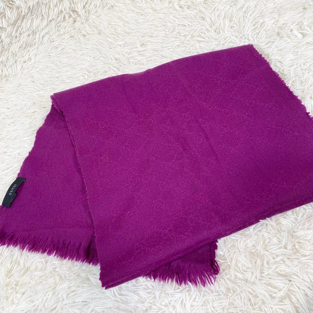 GUCCI グッチ　マフラー ストール ウール GG柄 フリンジ 紫 パープル
