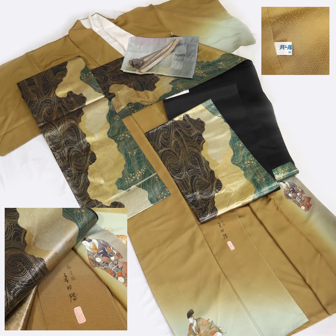 1968★角度で見える唐草地紋様★オリーブ色　静穏　雅楽人物柄★訪問着セット★