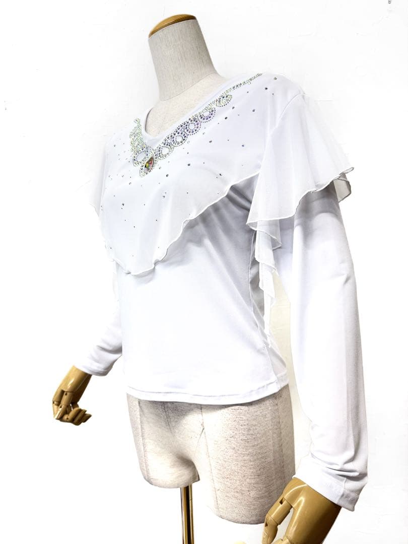 【ラインストーン】新品　社交ダンスフリルデザインカットソー白ｄ125