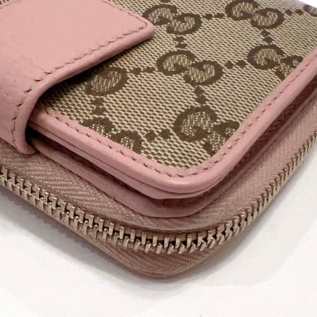 グッチ 折り財布 GGキャンバス GG ラウンドファスナー コンパクト ピンク